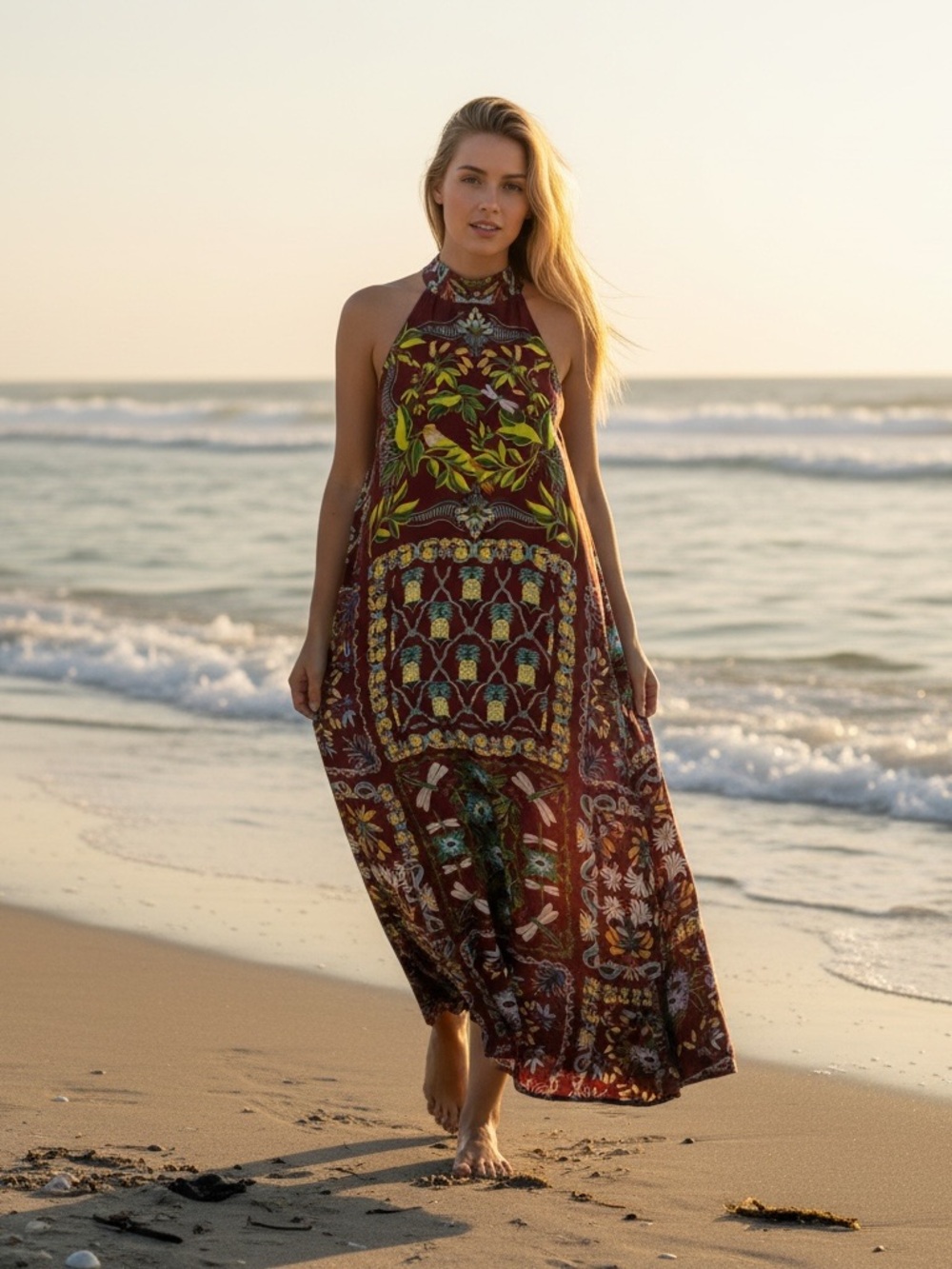 Farm Rio Anthropologie Burgundy Floral Print Maxi Dress, Boho Silk Halter Small